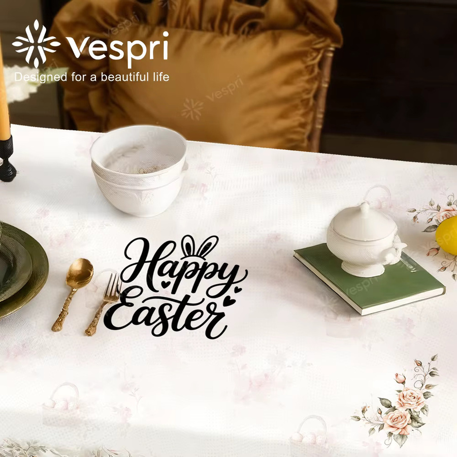 Vespri Oster-Tischdecke aus Polyester mit Hasen und Blumen in Weiß und Rosa - Bild 3