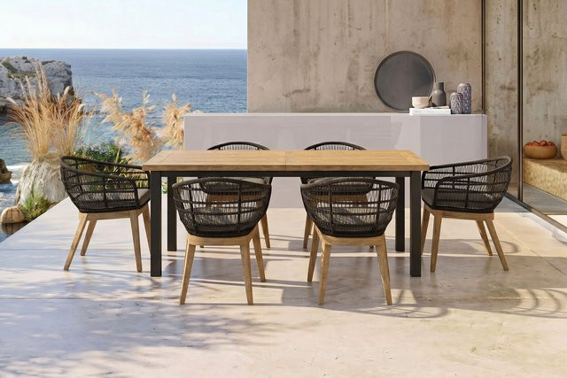 OUTFLEXX Oxford Garten-Essgruppe aus Edelstahl, recyceltem Teak und Rope in Anthrazit/Natur, Tisch mit 6 Sesseln, ausziehbar, B: 200 bis 260 cm, T: 100 cm, H: 76 cm - Bild 1