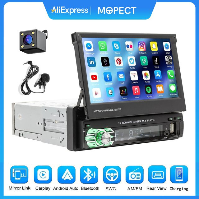 MOPECT Kabelloses 7 Zoll Autoradio mit CarPlay und Android Auto, 1 DIN MP5-Player mit ausziehbarem Touchscreen, WIFI und AUX-Eingang, Schwarz - Bild 1