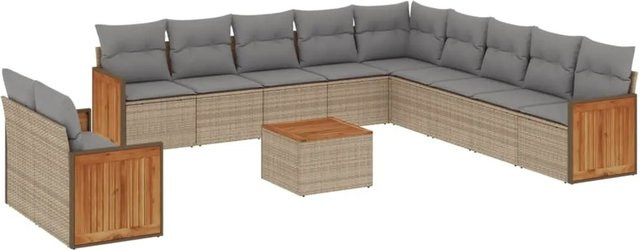 vidaXL 12-tlg. Garten-Sofagarnitur in L-Form aus Polyrattan mit Kissen und Couchtisch, Beige/Grau - Bild 1