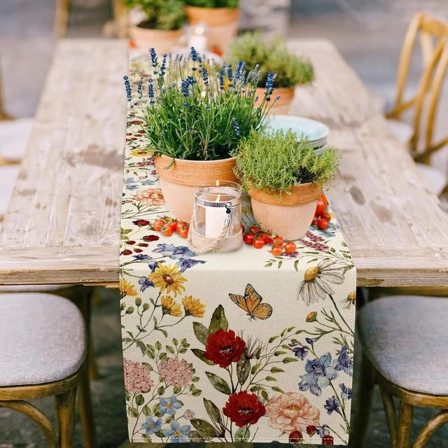 VIKAMA Tischläufer mit Aquarell-Wildblumen im Vintage-Design, rechteckig, Mehrfarbig - Bild 1
