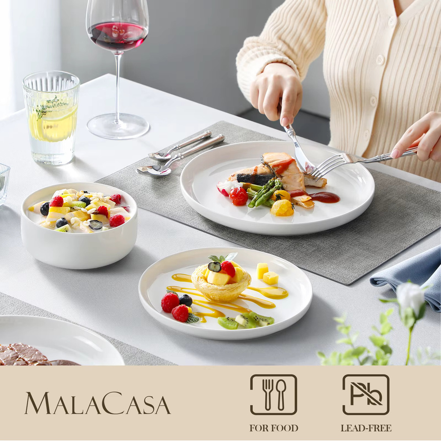 Malacasa Geschirrset aus Porzellan in Weiß, 18-teiliges Dinner Set mit Tellern und Schüsseln, einfarbig - Bild 2