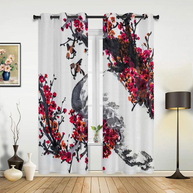 Semi-transparente Vorhänge im chinesischen Stil mit Pflaumenblüten- und Vogelmotiv, Mehrfarbig, Breite: 135 cm, Höhe: 60 cm - Bild 1