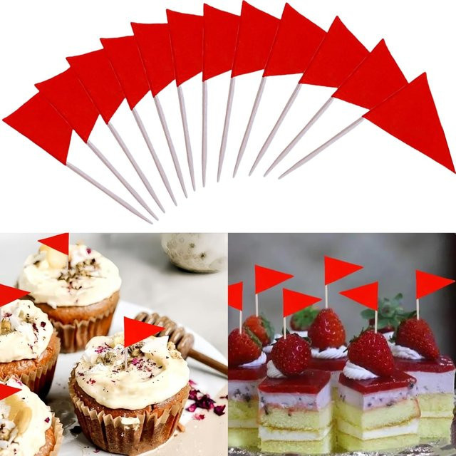100 Stück rote dreieckige Zahnstocher-Flaggen aus Holz als Mini Cupcake-Topper und DIY-Dekorationsmarker - Bild 1