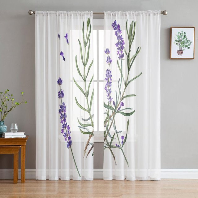 Yiran Furniture Transparenter Tüllvorhang mit Blumenmuster in Lila, Breite: 135 cm, Höhe: 160 cm - Bild 1