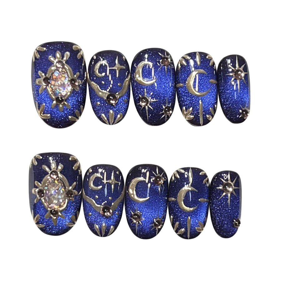 YADORNOS Kunstnägel, Mond-Stern-Stil, tiefblaues Katzenauge, kurz, oval - Bild 4
