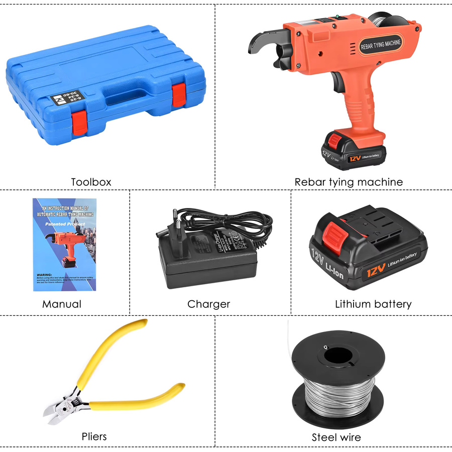 Automatische Bewehrungsbindemaschine mit 5 Spulen, Elektrische Handgehaltene Drahtzange in Orange, 12V 4500mAh Werkzeugset für 8mm-34mm - Bild 2