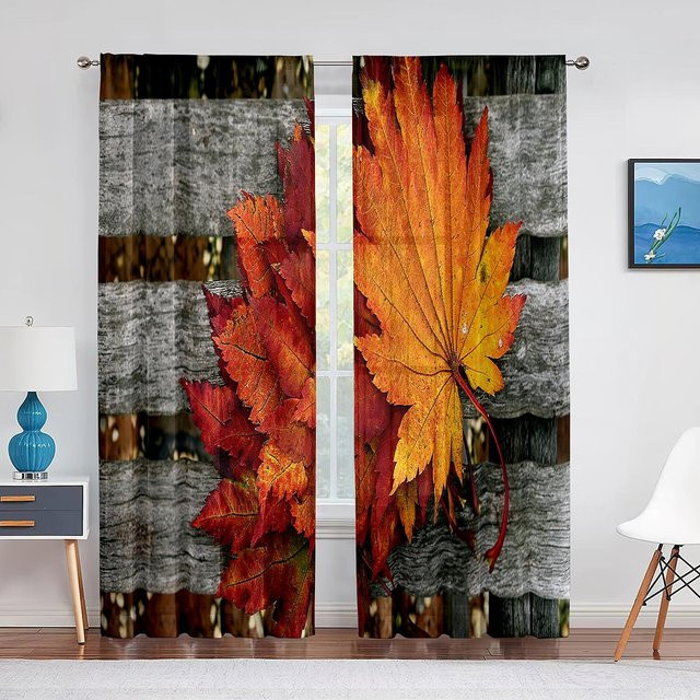 Transparenter Tüllvorhang mit herbstlichem Ahornblatt-Design in Orange, Breite: 100 cm, Höhe: 250 cm - Bild 1