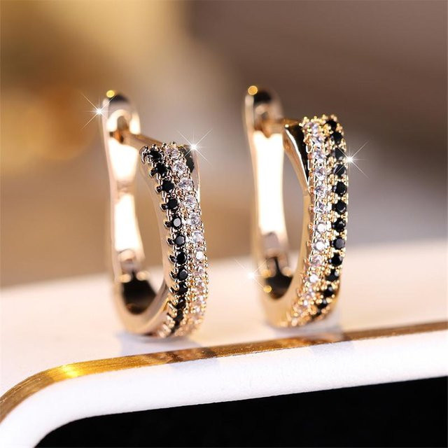 YIRAN Jewelry Ohrringe, Kupfer, Gold Farbe, Zirkonia, Schwarz und Weiß, Damen - Bild 1