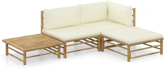vidaXL 4-teiliges Garten-Lounge-Set aus Bambus mit cremeweißen Polsterkissen in L-Form - Bild 1
