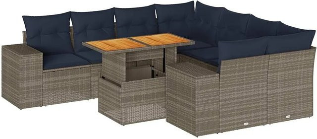 vidaXL 9-teilige Garten-Sofagarnitur aus Poly-Rattan und Akazienholz in Grau mit Kissen - Bild 1