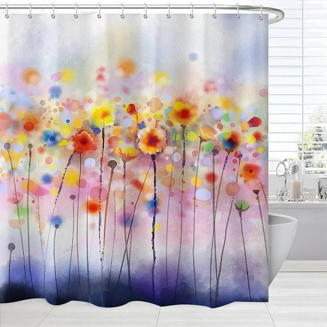 Duschvorhang mit Blumenmuster in Aquarell-Optik, Rosa und Gelb, Abstrakt Floral, B/H: 150 x 180 cm - Bild 1