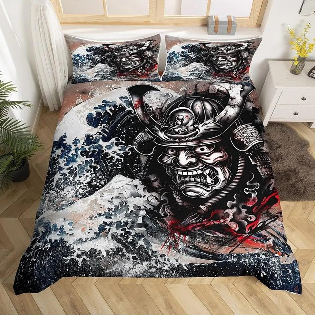 Japanisches Samurai Bettwäscheset mit Kirschblüten, Roter Sonne und Fuji Berg, Doppelgröße, B/H: 172 x 218 cm, Mehrfarbig - Bild 1