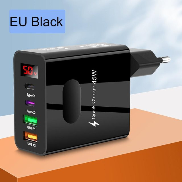 ZJM Mall 45W USB Typ C und USB Typ A Ladegerät mit Digitalanzeige, Quick Charge 3.0 und PD, Reiseadapter mit EU-Stecker, schwarz - Bild 1