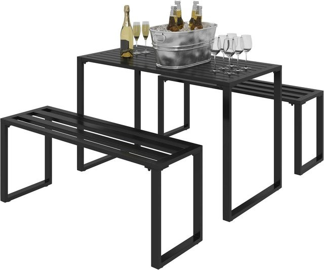 Furnicato Gartengarnitur aus Metall für 4 Personen mit Tisch und 2 Bänken in Schwarz Matt - Bild 1