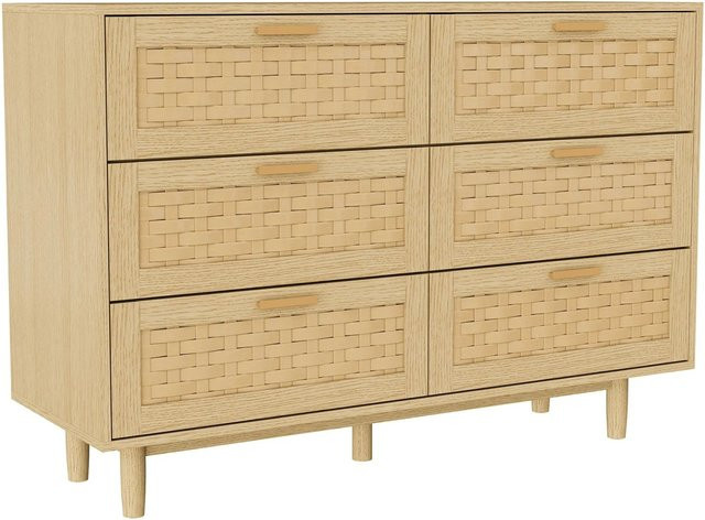PXloue Sideboard mit 6 Schubladen in Beige und Rattanoptik, B/T/H: 115 x 40 x 80 cm - Bild 1