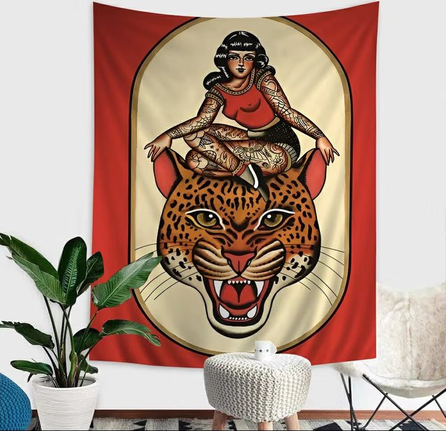 VIKAMA Wandteppich Wild Tiger Vintage-Tattoo Motiv in Rot - Bild 1