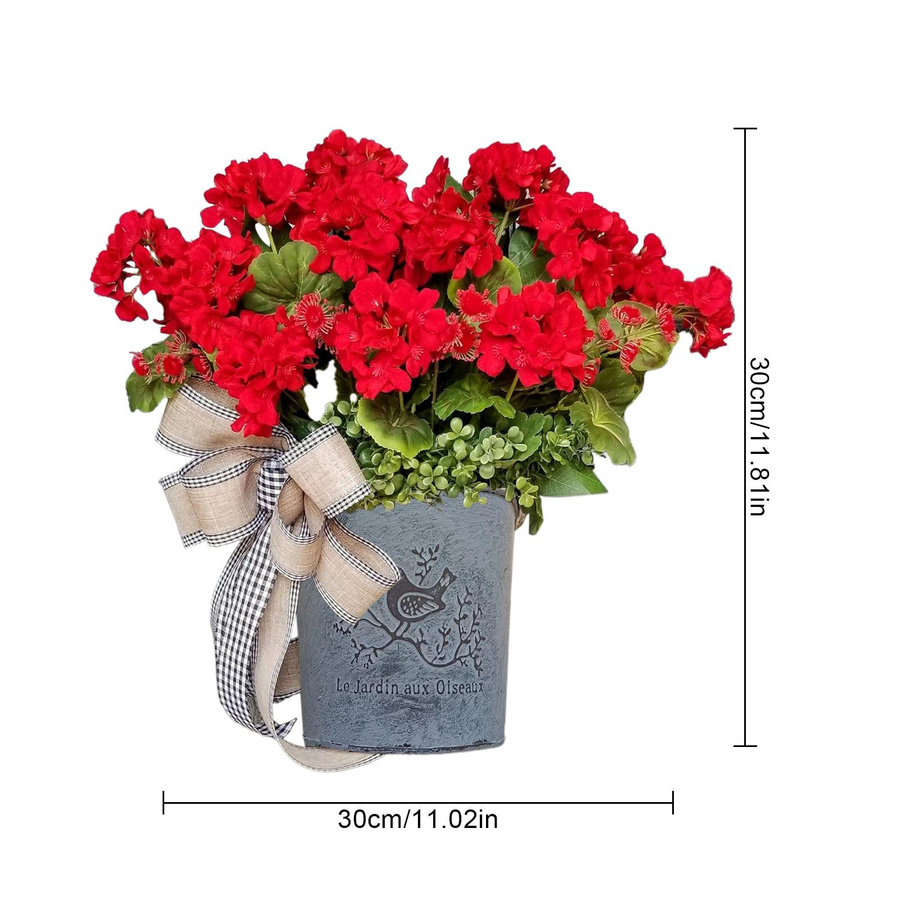 Tooarts Hängender Geranien-Fasskranz in Rot mit schwarz-weißer Gitterschleife und floralem Design - Bild 3