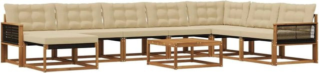 vidaXL Outdoor-Sofagarnitur aus Akazie mit Textilene und Polstern, 9-teiliges Set, Natur und Beige - Bild 1