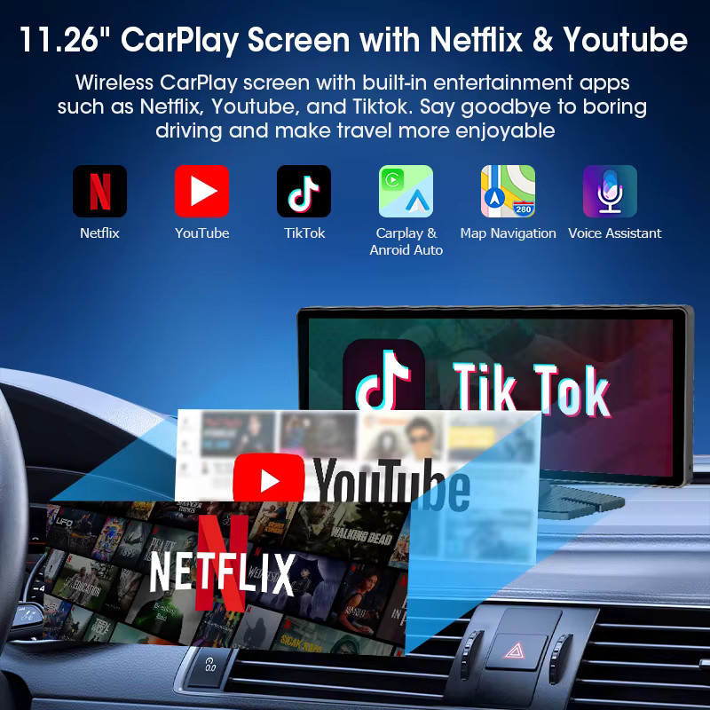 Jansite Universal Auto Multimedia Video Player mit Bluetooth, Wireless Carplay und Android Auto, 11,26 Zoll, Schwarz - Bild 2