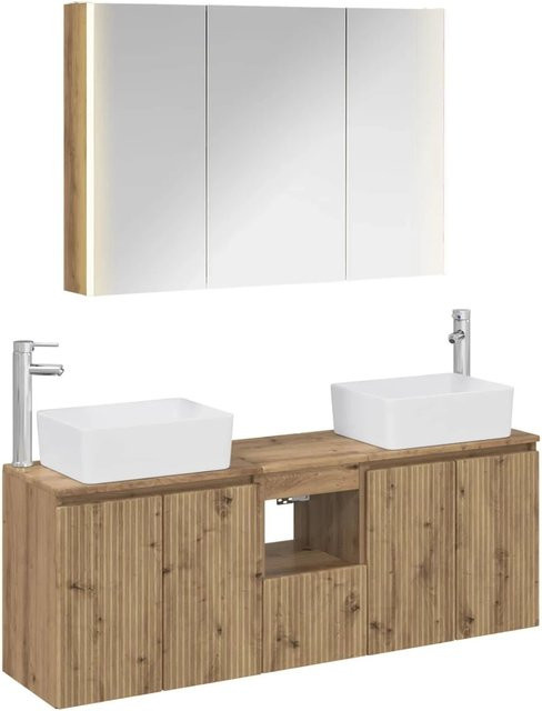 vidaXL Badezimmerschrank-Set 4-teilig in Artisan-Eiche, modern mit LED-Beleuchtung und Spiegelschrank, Braun - Bild 1