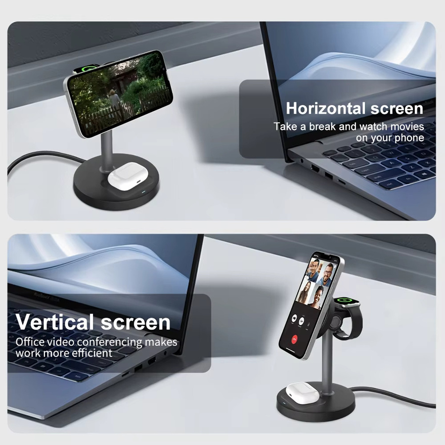 VIKEFON 3-in-1 magnetisches kabelloses Ladegerät mit verstellbarem Ständer für iPhone, iWatch und AirPods Pro in Schwarz und Weiß - Bild 5