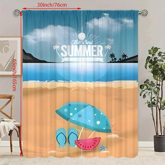 Yiran Furniture Vorhang Set mit blauem Ozeanlandschaftsdruck aus Polyester, semi-transparent, 2 Stück, B: 76 cm, H: 165 cm - Bild 1