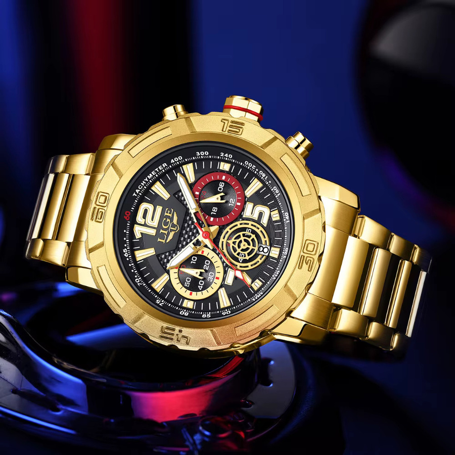 LIGE Armbanduhr, Quarz, Edelstahl, Schwarz, Gold, Herren - Bild 2