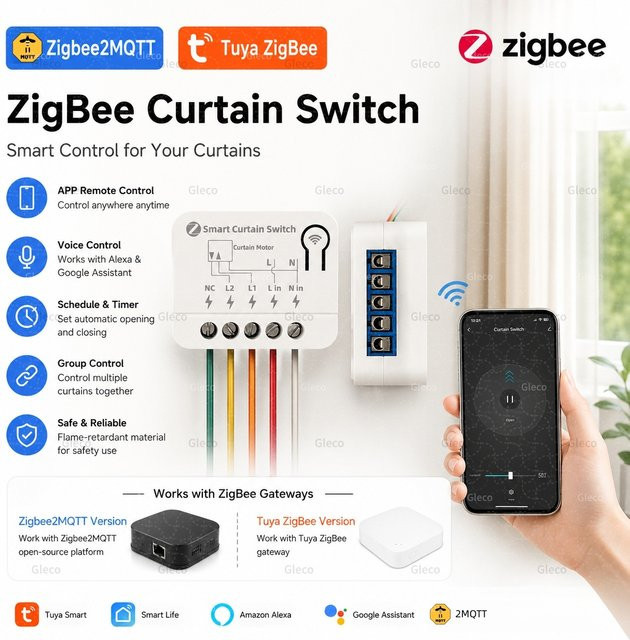 TUYA Zigbee Vorhangschalter Smart Home Relais-Schalter für Rollos und Jalousien in Weiß, kompatibel mit Zigbee2mqtt und TUYA Gateway - Bild 1