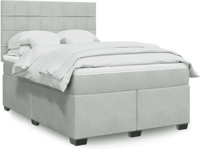 vidaXL Boxspringbett mit Matratze in Hellgrau aus Samt mit USB-Ladeport und Unterbettbeleuchtung, B/T: 140 x 200 cm - Bild 1