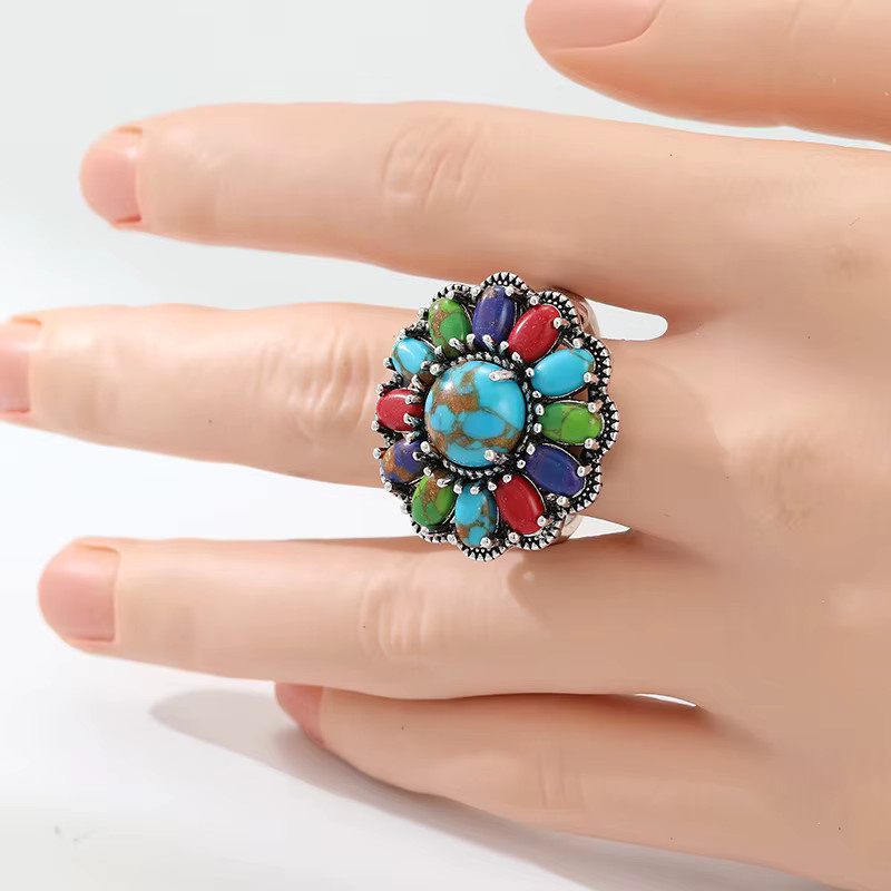 YoYo Charm-Ring, Silber, Synthetischer Türkis, Damen, Vintage - Bild 2