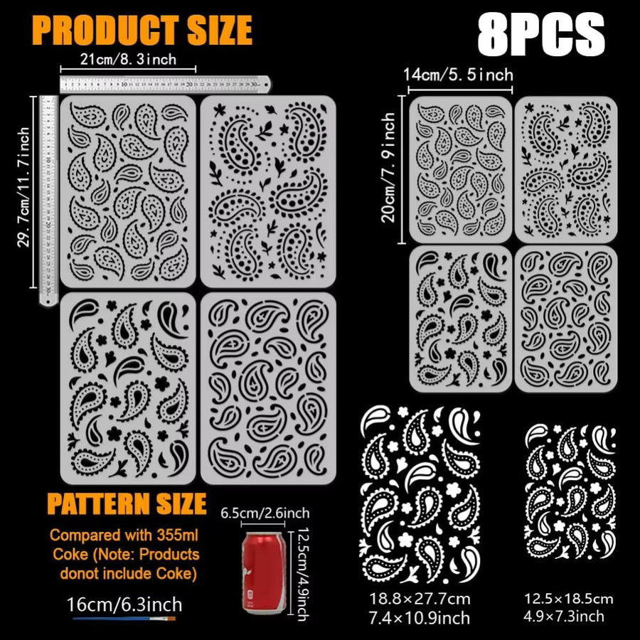 8 Stück Paisley-Muster-Malschablonen Set mit Pinsel, 8 verschiedene DIY-Designs mit Blumenmotiven aus Kunststoff zur dekorativen Gestaltung - Bild 2