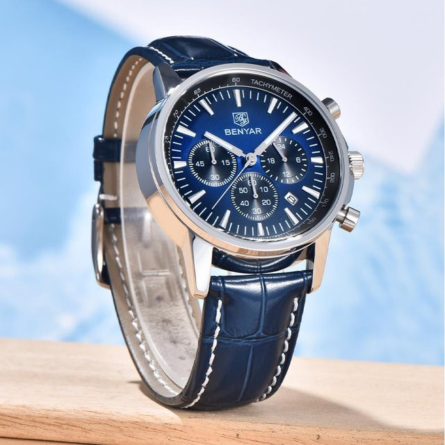 BENYAR Chronograph Armbanduhr, Leder, Quarz, Blau, Herren - Bild 1