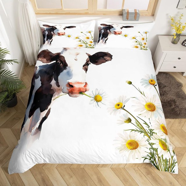 Your Warm Home Bettwäsche-Set Highland Cattle mit geometrischem Holzplanken-Design und Blumen, Farbe: Weiß, B/H: 135 x 200 cm, inklusive 2 Kissenbezüge (50 x 70 cm) - Bild 1