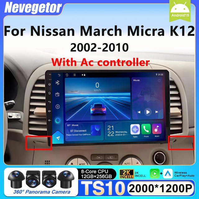 Nevegetor Android Autoradio mit GPS-Navigation, Wireless CarPlay und Android Auto, Schwarz, für Nissan March Micra K12 2002-2010 - Bild 1