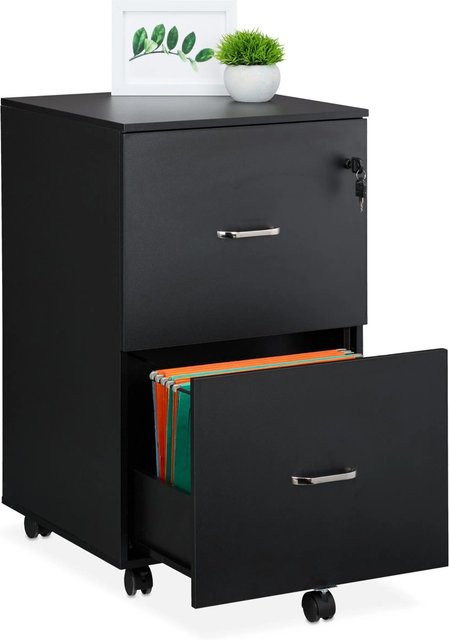 Relaxdays Rollcontainer aus Holzwerkstoff in Schwarz mit Hängeregister und Schloss, B/T/H: 72 x 43 x 46 cm - Bild 1