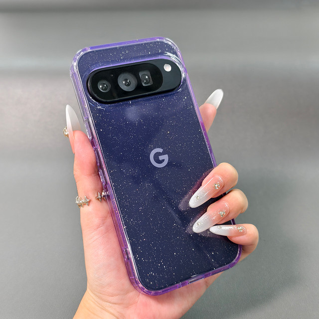 Transparente Bling Glitter Handyhülle aus Acryl und TPU für Google Pixel 9A, Google Pixel 9 Pro XL und Google Pixel 10 Pro in Clear und Purple - Bild 1