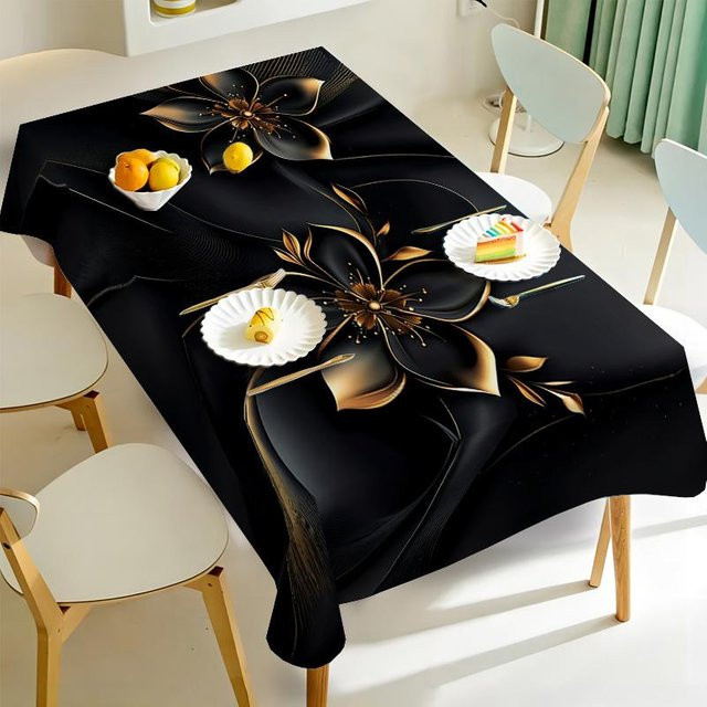 ZZN Tischdecke aus Polyester mit floraler Jacquard-Webung und Stickereien, Schwarz, B: 145 cm, L: 200 cm - Bild 1