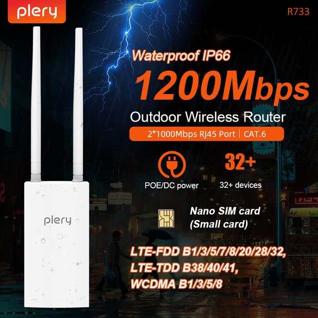 PLERY WIFI5 1200Mbps LTE 4G/5G WLAN-Router mit Dual-Band 2.4+5.8G, 2x 1000M LAN/WAN Ports, 4 Antennen und POE-Unterstützung, Farbe: Weiß - Bild 1