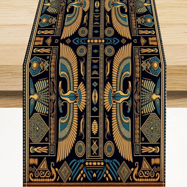 JINGYUE Pet Tischläufer aus Leinen mit antikem ägyptischem Bilderschrift-Design in Schwarz, B/L: 150 x 33 cm - Bild 1