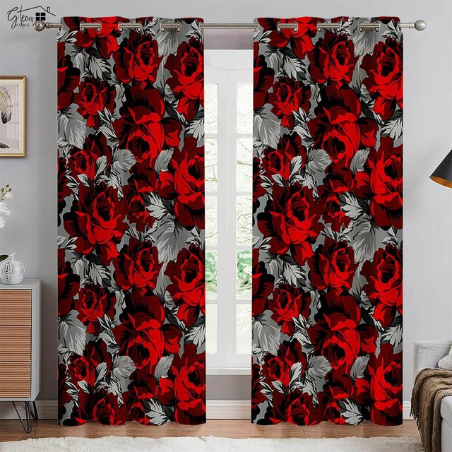 Yiran Furniture Dekorative Vorhänge mit Retro Rote Rose 3D-Druck aus Polyester, 2er-Set, Farbe: Rot, Breite: 75 cm, Höhe: 166 cm - Bild 1