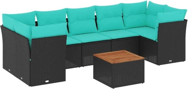 vidaXL 8-teilige Garten-Sofagarnitur aus Poly-Rattan und Akazienholz in Schwarz mit blauen Kissen - Bild 1