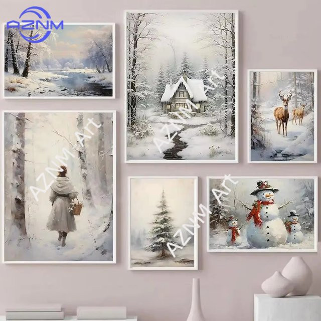 AZNM Leinwand Wandkunst mit Elch und Schneemann im minimalistischen Farmhaus-Stil, weiß, rechteckig - Bild 1