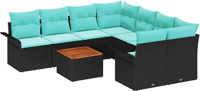 vidaXL Gartensofa-Set aus Poly-Rattan in Schwarz und Türkis mit 9 Teilen, bestehend aus Ecksofas, Mittelsofas, Armlehnensofas und einem Gartentisch mit wetterfesten Polstern - Bild 1