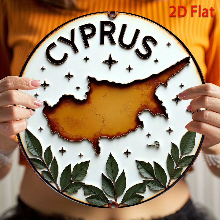 CIFBUY Metall-Wandkunst Zypern-Karte Rundes Aluminium-Eisen-Schild mit Flaggenemblem, Kranz- und Sterndesign, Durchmesser: 20,32 cm - Bild 2