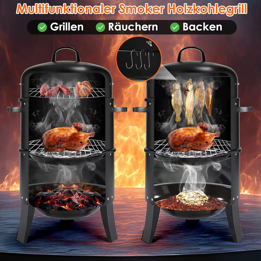 Tragbarer 3-in-1 Vertikal-Holzkohlegrill und Räuchergrill aus Edelstahl in Schwarz mit integriertem Thermometer und einstellbarem Entlüftungssystem, H: 81,0 cm, B: 51,0 cm, T: 51,0 cm - Bild 3