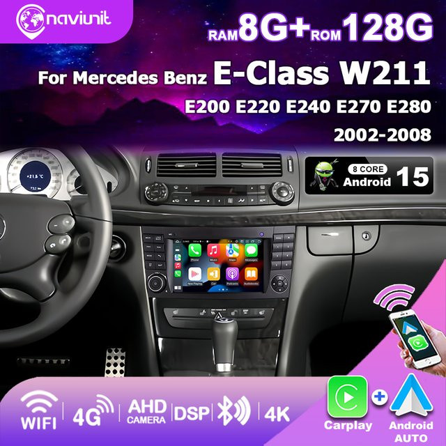 Naviunit Android 15 Autoradio mit 7 Zoll Bildschirm für Mercedes Benz E-Klasse W211 (2002-2008), Wireless CarPlay, Bluetooth, WiFi und 4G, Farbe: Schwarz - Bild 1