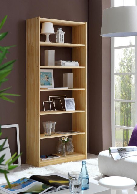 TiCAA Standregal Bücherregal aus massivem Kiefer Holz in Braun, Höhe: 214 cm, Breite: 80 cm, Tiefe: 31 cm - Bild 1
