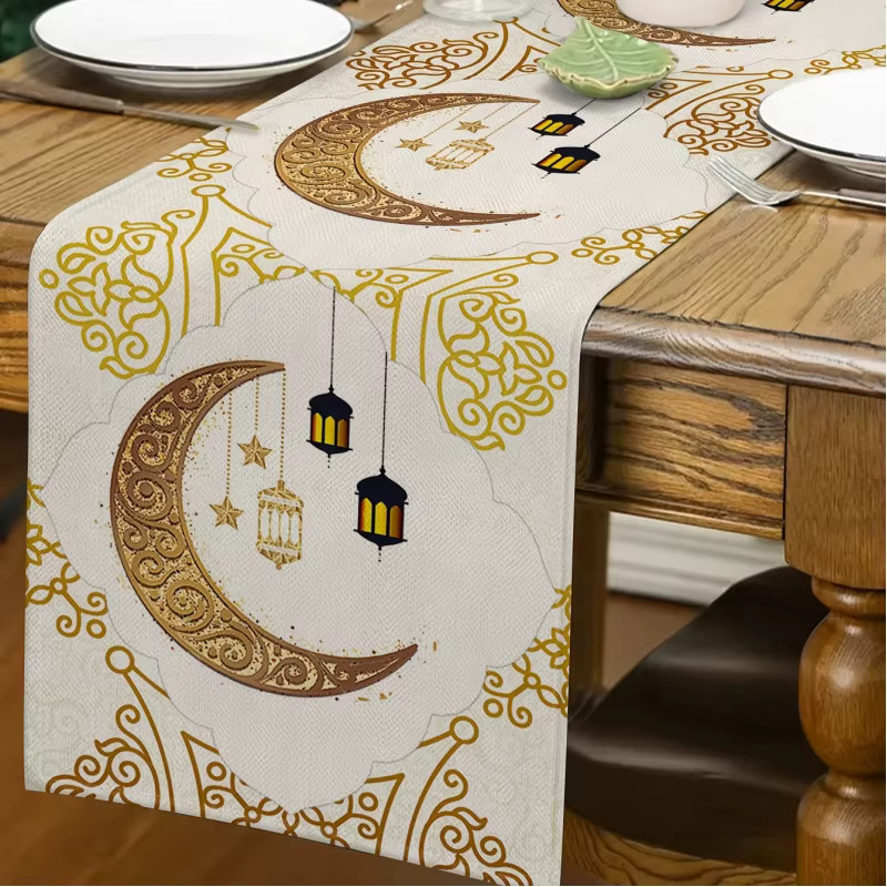 VIKAMA Ramadan Tischläufer mit Stern- und Mond-Heißprägung aus Leinen in Orientalischem Design, Breite: 33 cm, Länge: 90 cm - Bild 3