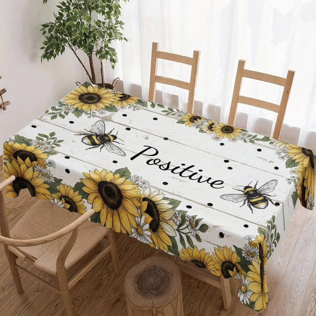 Wasserdichte rechteckige Tischdecke von JINGYUE Pet mit Sonnenblumen- und Bienen-Muster in Weiß, B/B: 100 x 160 cm - Bild 1